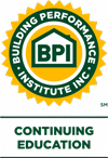 Building Performance Institute logo, a yellow and green seal with the company name and initials. Below the seal reads " Continuing Education".