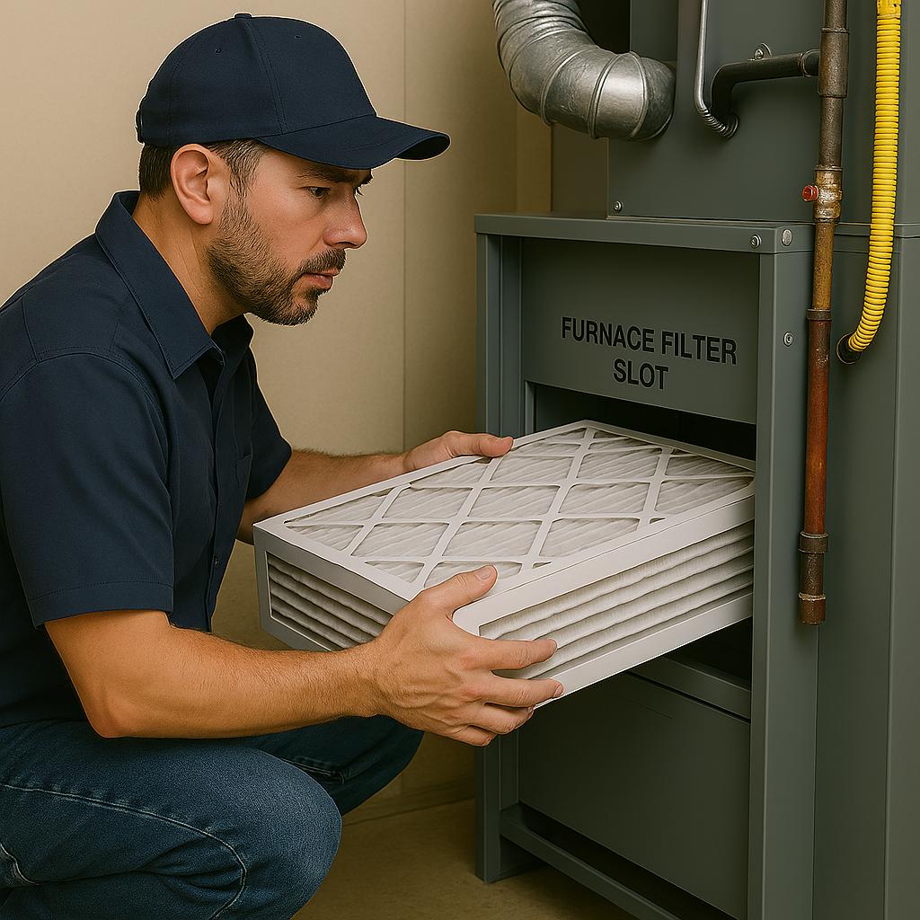 A man in a ball cap changing an air filter. Image generated by CoPilot AI.