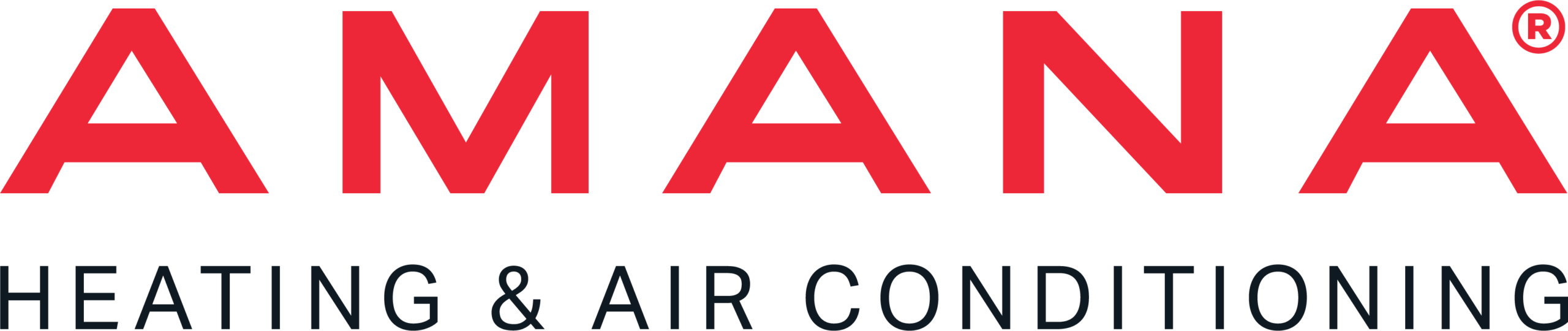 Amana Logo. Company name in red on the top line, tagline "Heating and Air Conditioning" in black, small letters below.